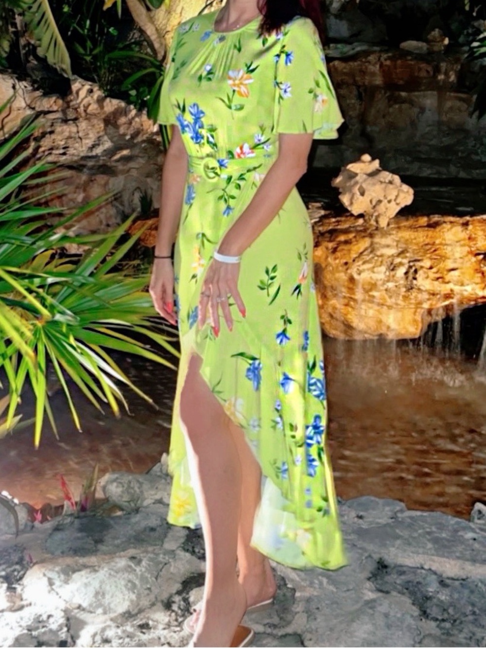 French Connection Neon Floral High-Low Midi Dress with Belt | Size 6